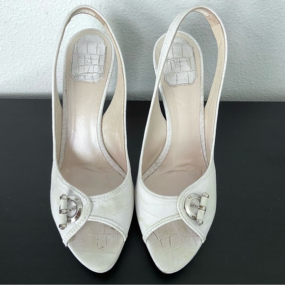 Christian Dior Vintage Croc Embossed Peep Toe Pumps Sling Back - Picture 2 of 14